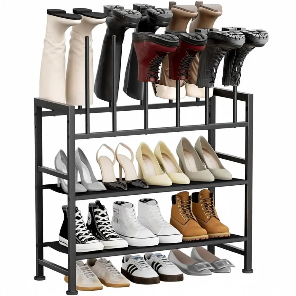 

4-ярусная черная металлическая подставка для хранения обуви, органайзер для высоких сапог, многофункциональная полка для обуви, на 6 пар