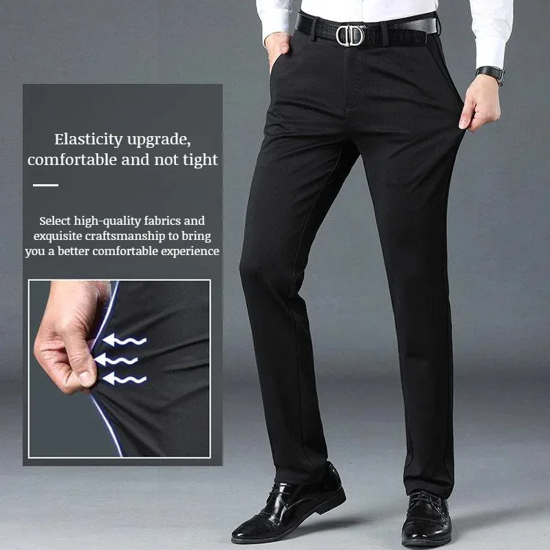 Pantalones casuales de seda de hielo para hombres, pantalones de moda de verano, pantalones de traje sueltos elásticos de cintura alta