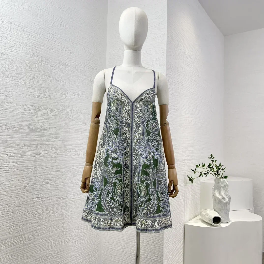 2024 Summer New High Quality Linen Dark Green Paisley Print Sleeveless Cross Straps Backless Women Mini Dress for Holiday