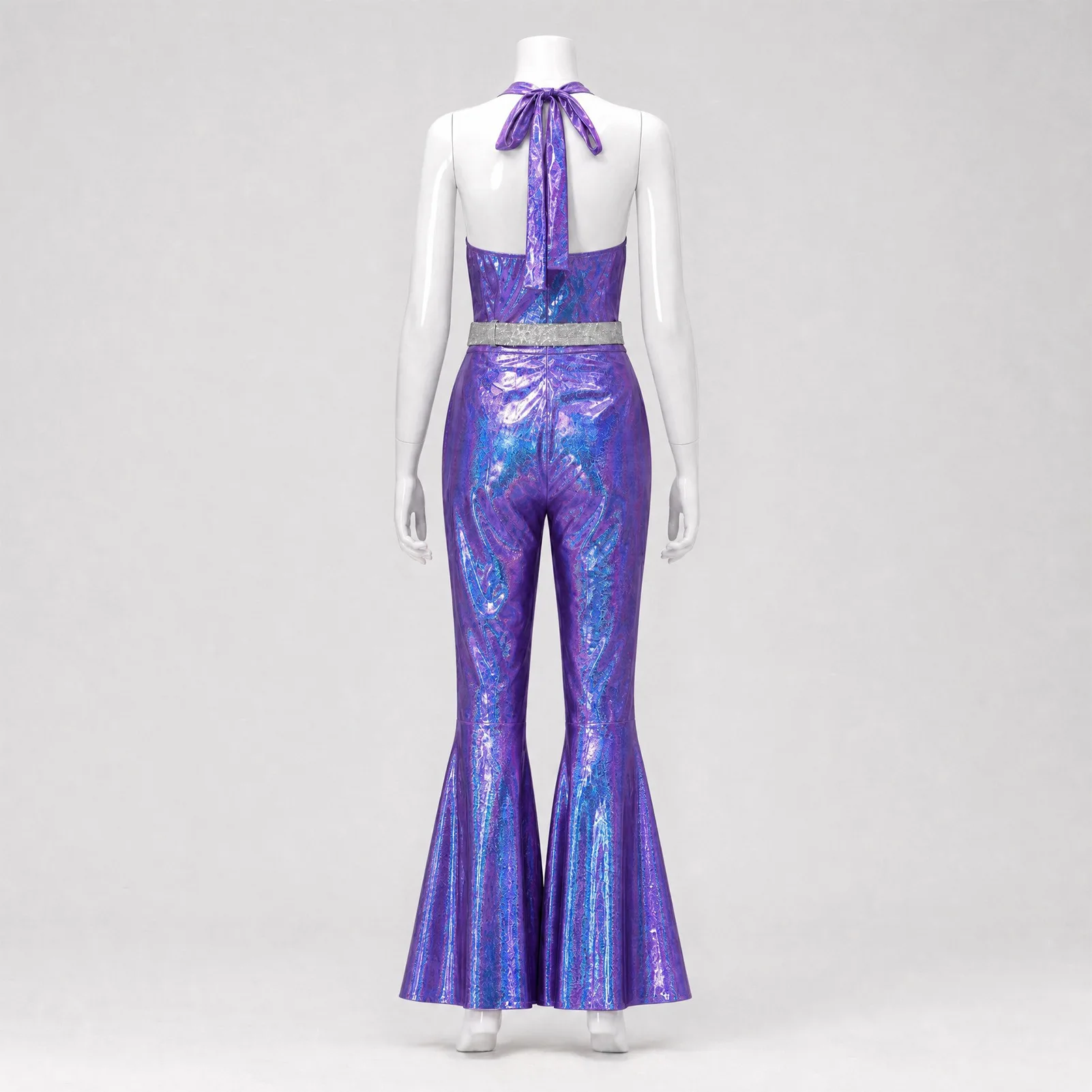 Funkelnder Metallic-Discobodysuit für Damen, ärmellos, mit V-Ausschnitt, rückenfrei, Schlaghose, 70er-Jahre-Nachtclub-Bühnen-Cosplay-Outfit – Detail 20