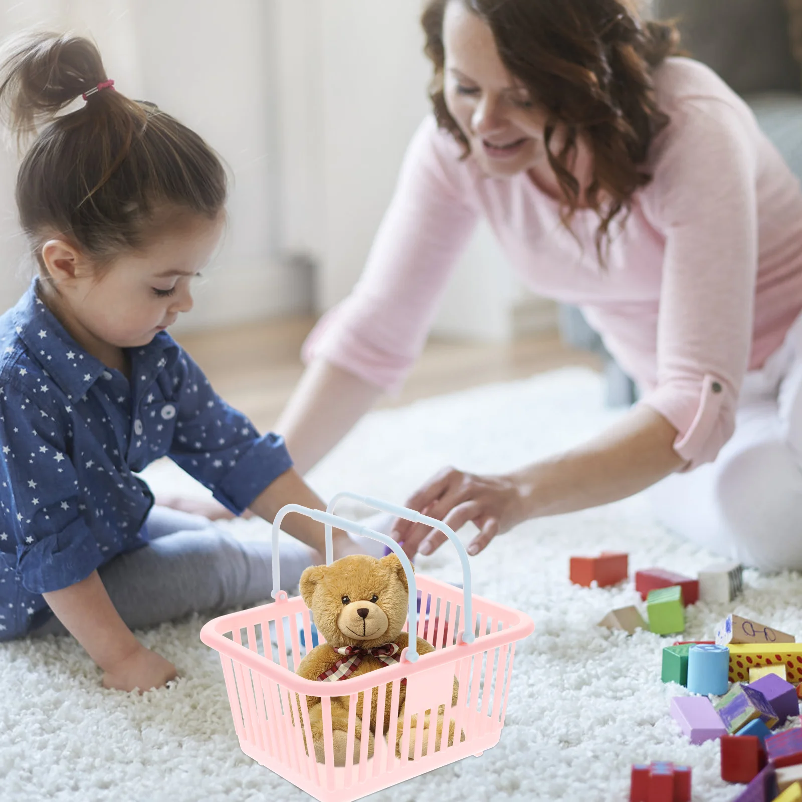 

3 Pcs Picnic Basket Storage Bins Classroom Toy Buckets for Kids Pink Grocery Baskets with Handles Garden Shopping