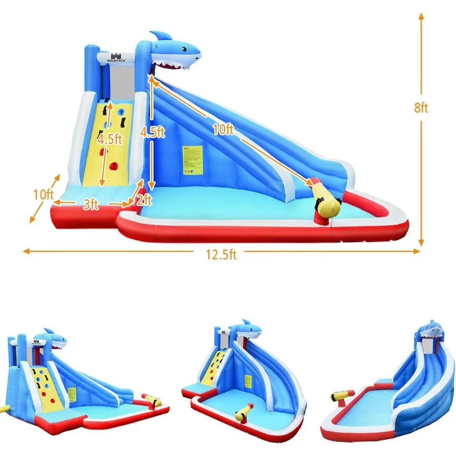 Opblaasbare waterglijbaan, opblaasbaar springhuis met haaienthema met lange glijbaan, draagtas, groot splashzwembad, klimmuur, water Gu