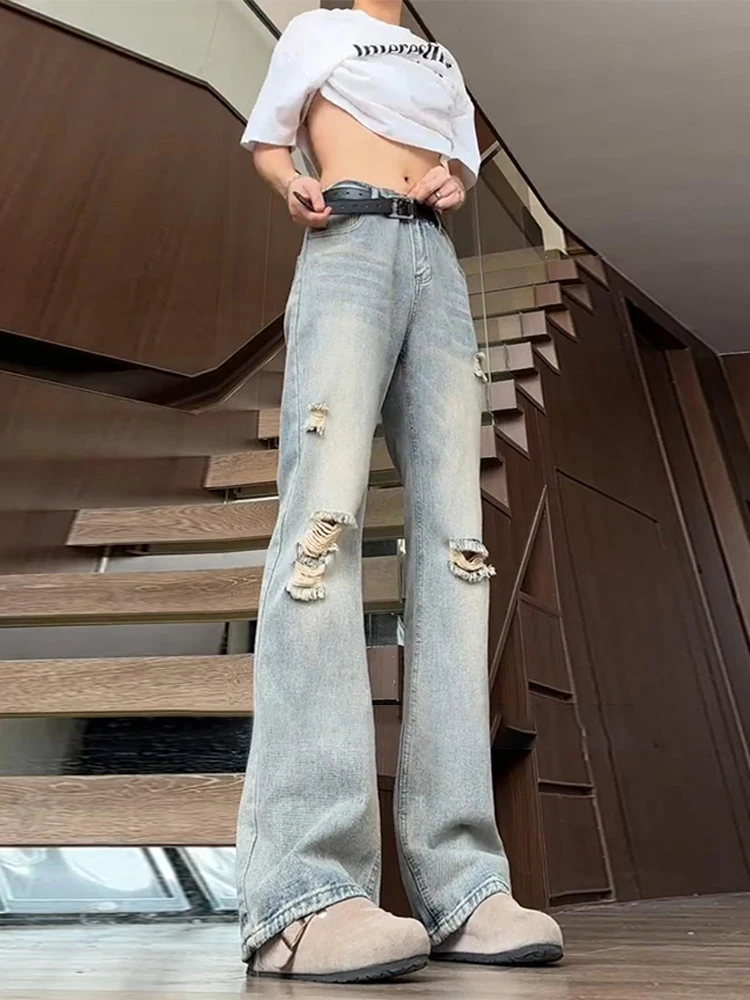 

High Waist Ripped Skinny Jeans Men's Thin Summer Cleanfit American Style Pants Extended Knife Flared Legs Casual Jeans