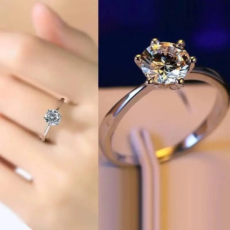 High-end six-prong simulated diamond ring for women, minimalist and stylish couple’s design, moissanite engagement and wedding o