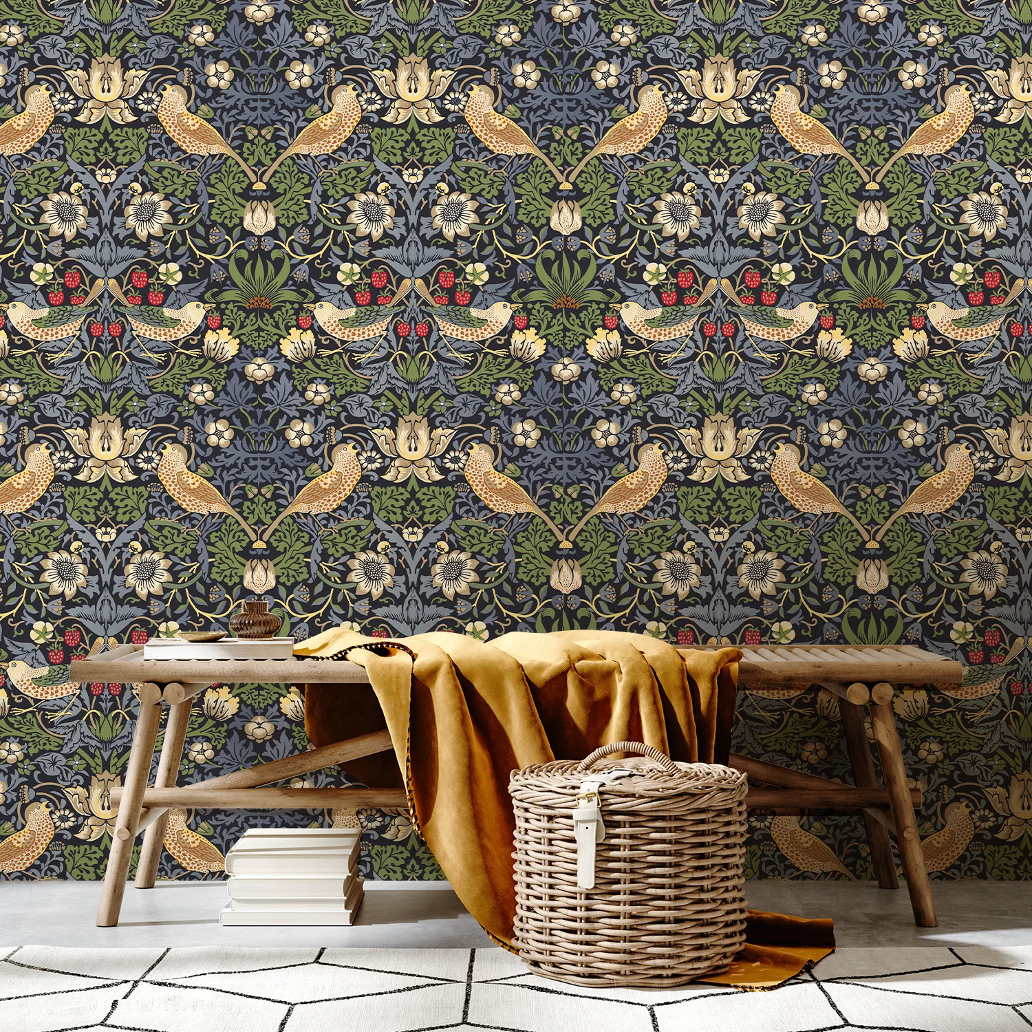 Vintage Botanical Strawberry Bird Wallpaper Self Adhesive Peel and Stick Contact Paper Removable for Bedroom Cabinet Home Decor