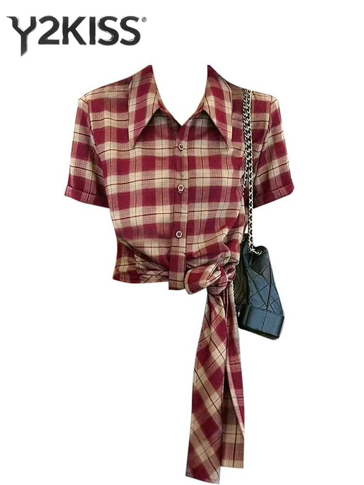 

2026 Summer Women Shoujo Plaid Shirt Short Sleeve Blouse Design Crop Tops Korean Fashion 2000s Aesthetic High Street College New