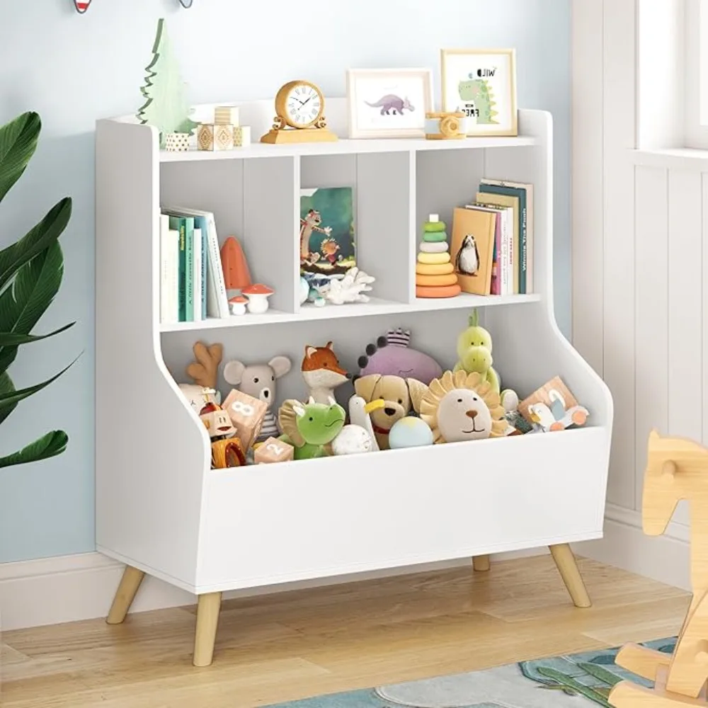 Kids Bookshelf and Toy Storage, 3-Tier Wooden Open Bookcase, Baby Book and Toy Storage Display Organizer with Spacious Top Shelf