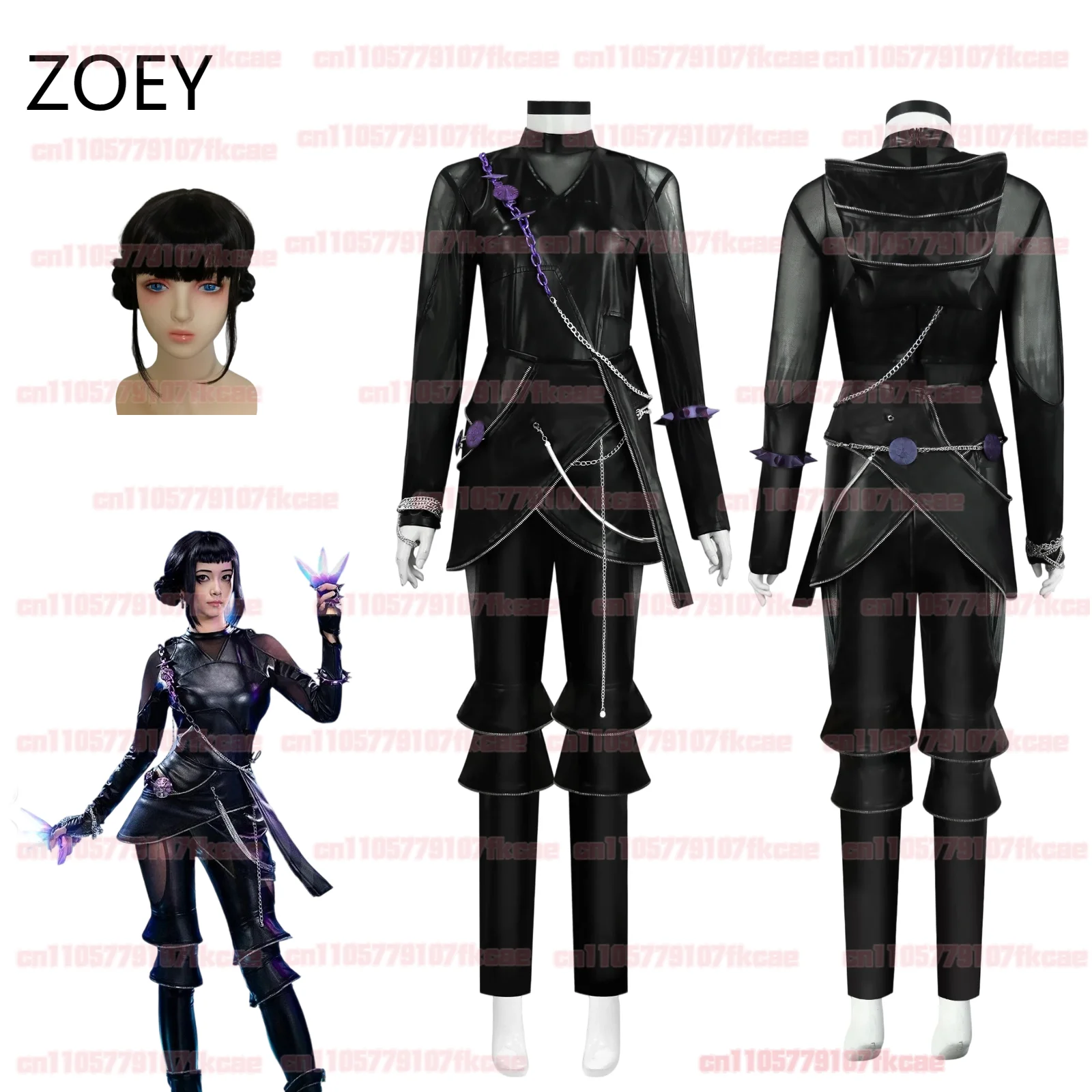 Rumi Mira Kpop Demons Hunters Zoey Cosplay Costume Wig Set for Girls Black Gothic Suit Halloween Party Performance Child Costume