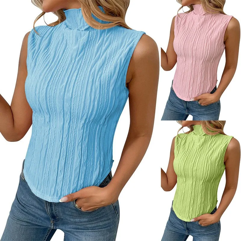 Summer Clothes Tank Top Y2k Women Tank Tops High Neck Cropped Ruched Sleeveless Top Pastel Blue Slim Fit Crop Top