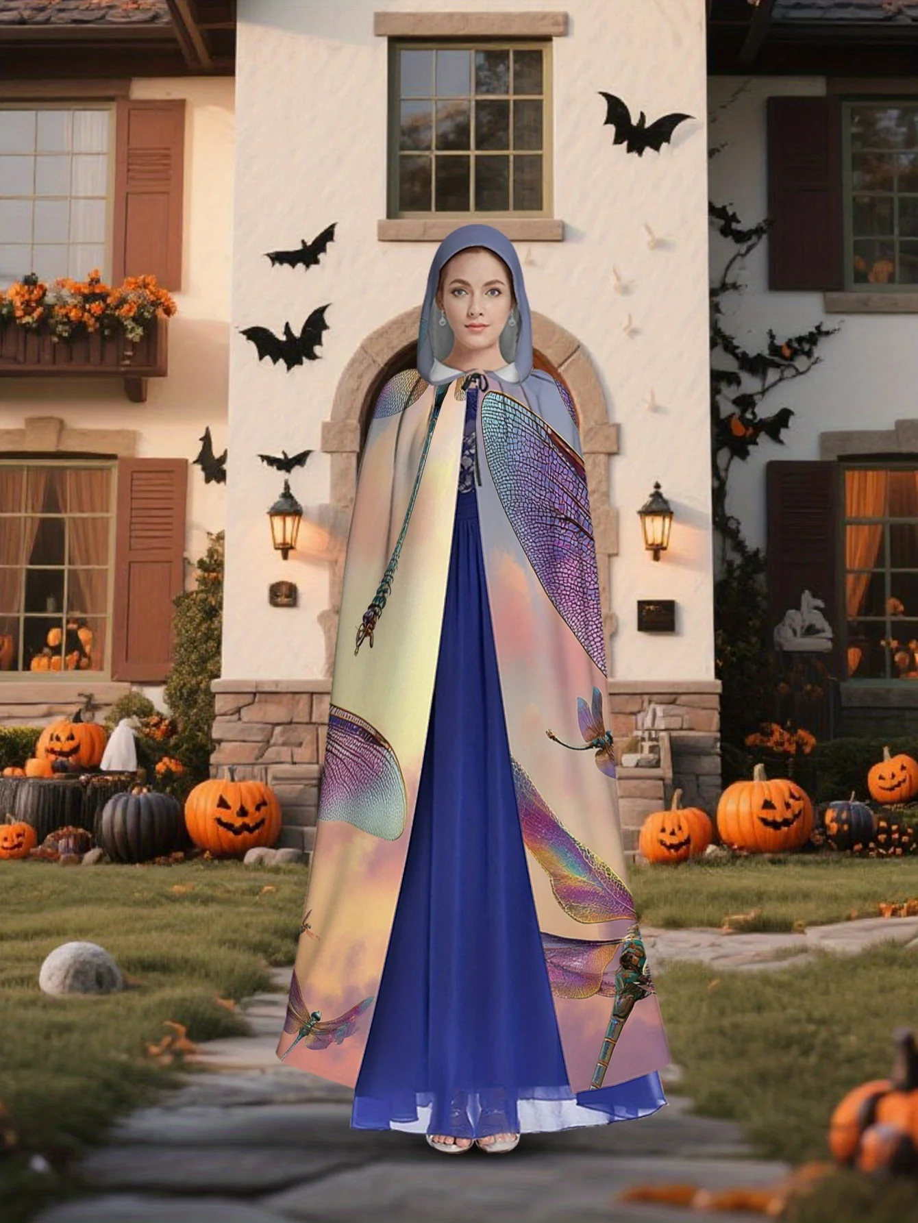 1pc Medieval Dragonfly Cape Hooded Costume Long Flowing Pink Purple Blue Peach Renaissance Cloak for Polyester All-Season Wear