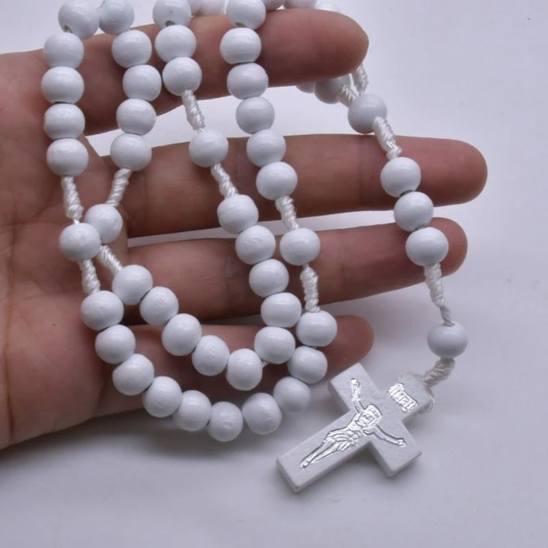 Comfortable Touch White Beaded Rosary with Crosses for Religious Ceremonies
