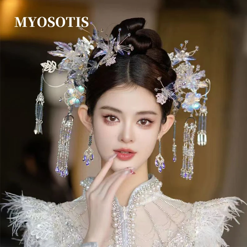 Sweet Chinese Bride Handmade Clear White Flower Ancient Costume Hairpins Set Bridal Xiuhe Headpiece Accessories