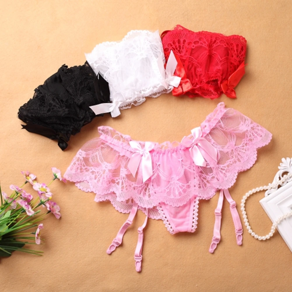 Women's Panties Crotchless Thong With Garter Hooks Cute Girly Bow Lace Sexy Lingerie Solid Underwear Breathable Underpants