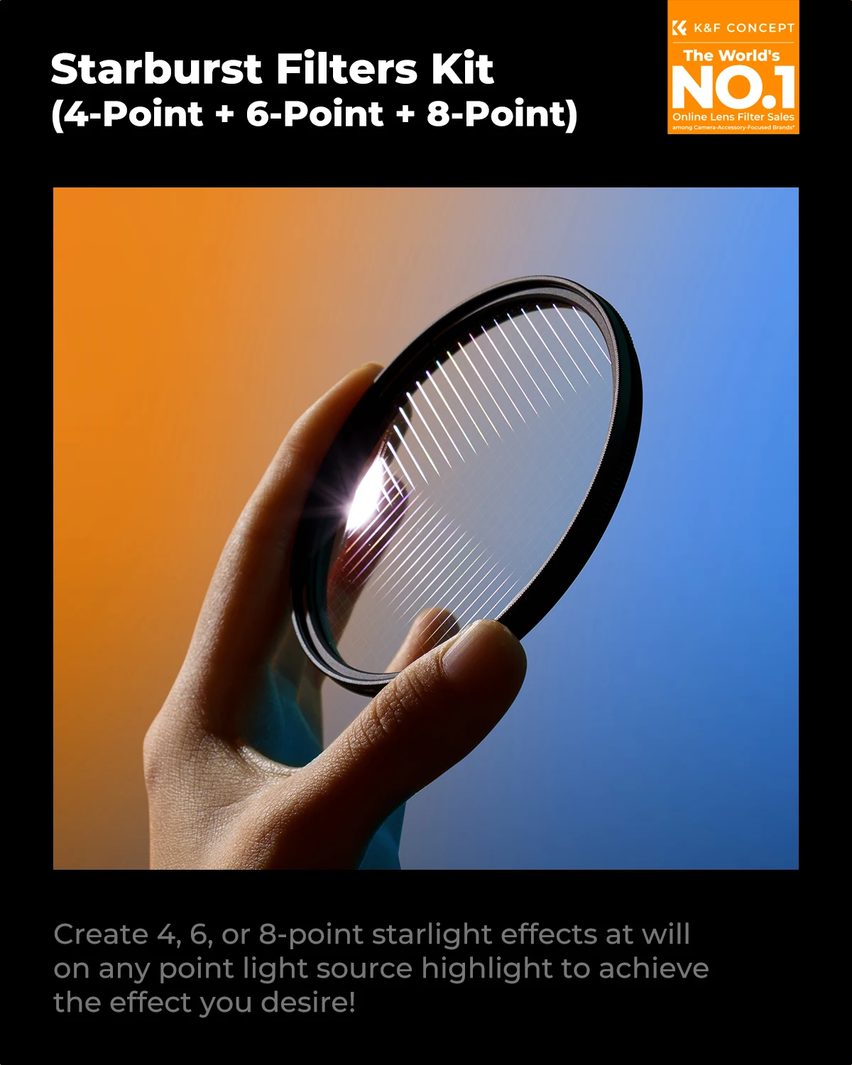 K&F CONCEPT Star Filters 3pcs Set 4+6+8 Points Cross Screen Starburst Filter Special Effect Camera Lens Filter 3 Cleaning Cloth
