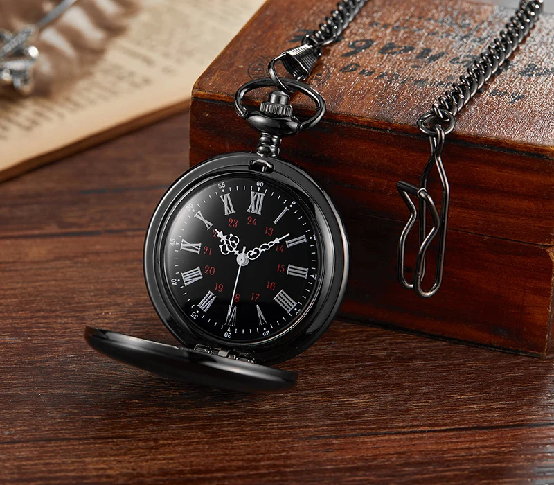 Antique Flower Carving Smooth Black Quartz Pocket Watch Men Women Necklace Engraved Pendant Fob Chain Steampunk Pendant Clock