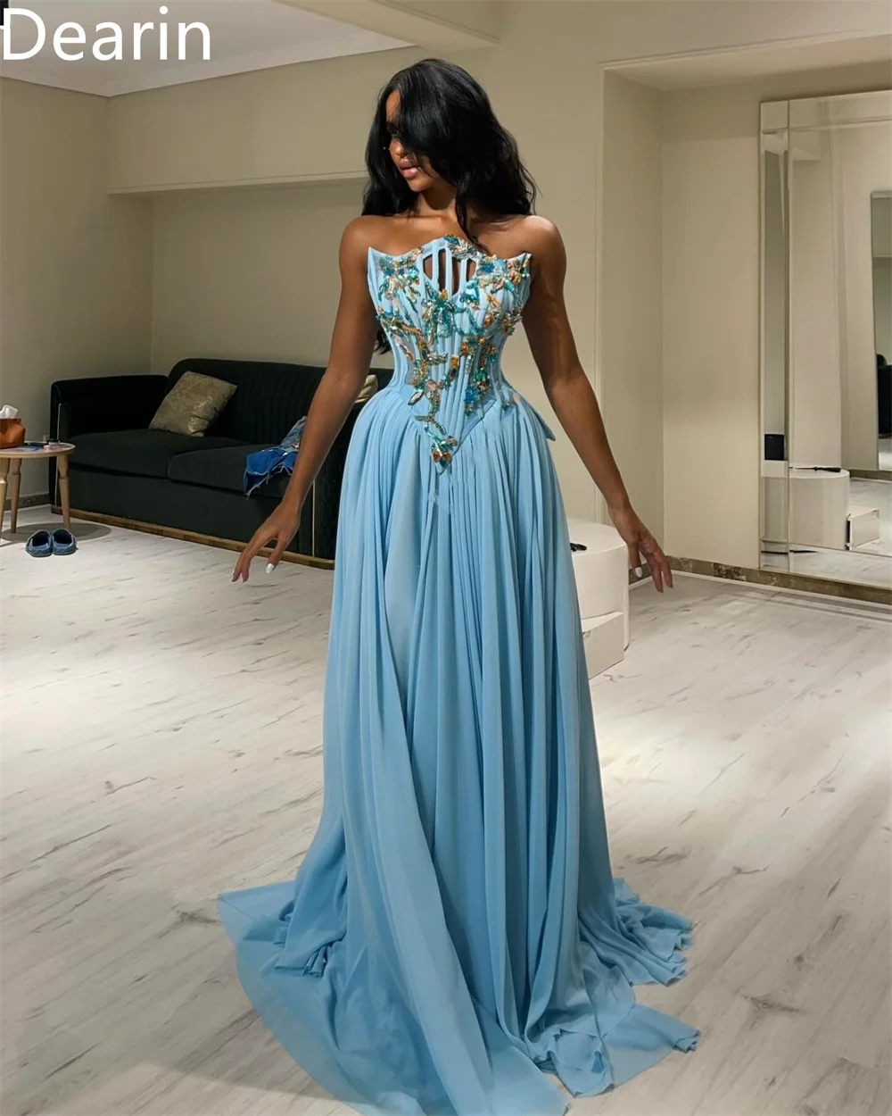 Customized Saudi Arabia Dearin Strapless A-line Floor Length Skirts Draped Layered Tulle Applique Sleeveless Bespoke Occasion Dr