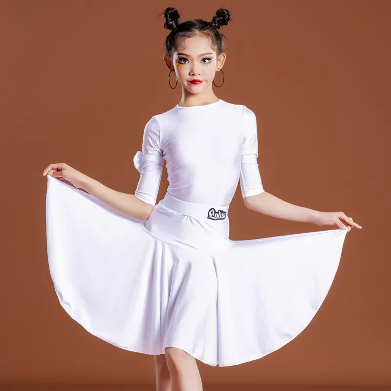 

Стандартное платье для латинских танцев с короткими рукавами для девочек, детские платья для бальных танцев, детская верхняя юбка для сальсы, румбы, ча-ча, самбы, танго