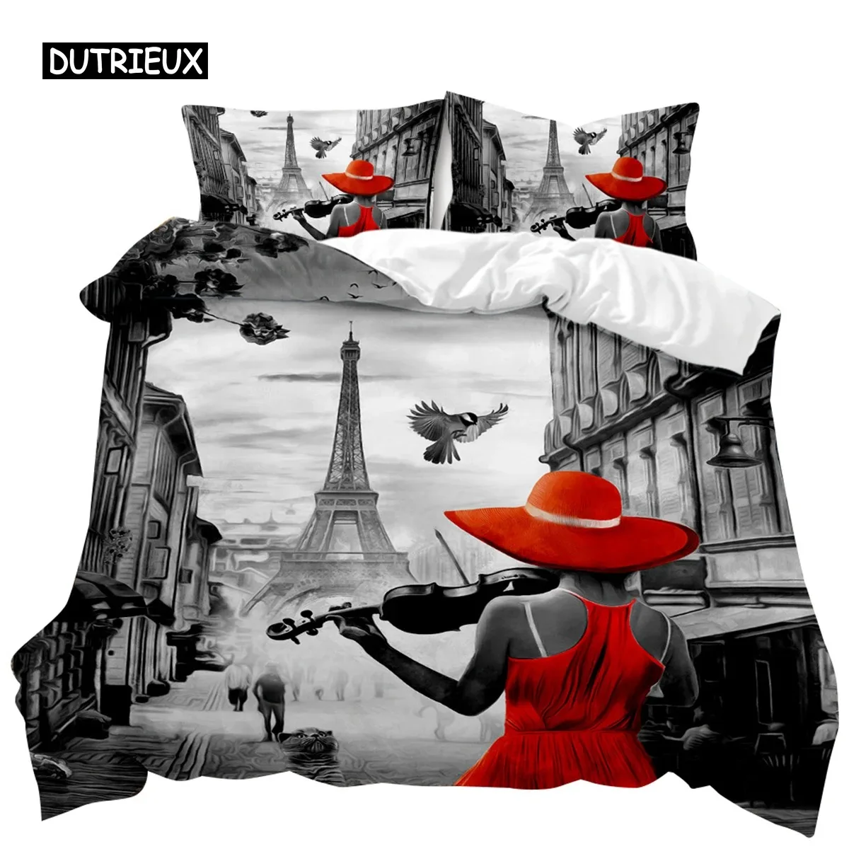 

Retro Architectural Duvet Cover Woman In Red Dress Plays The Violin At The Eiffel Tower Double Queen King Polyester Qulit Cover