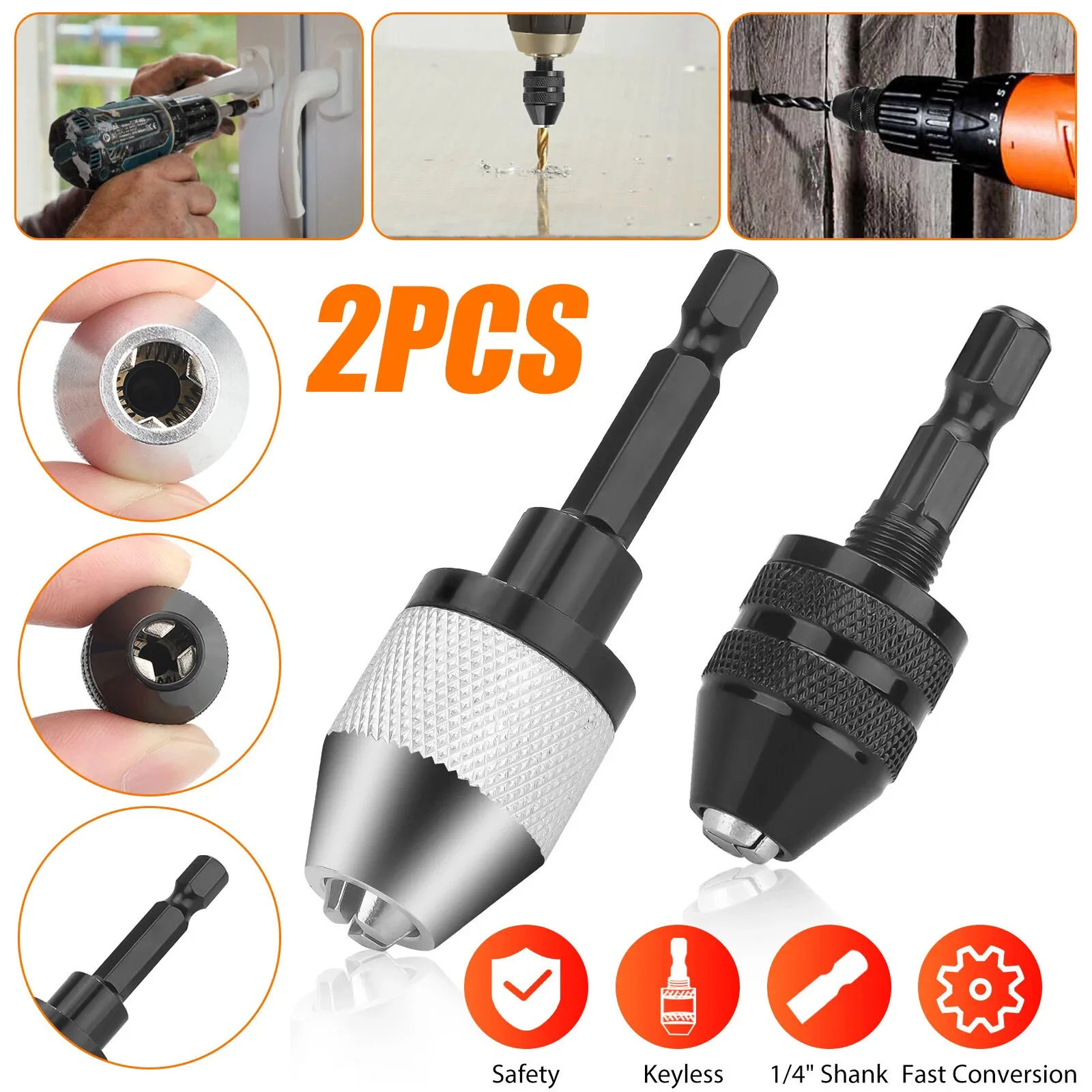 2 Pack Keyless Drill Chuck Adapter, 1/4
