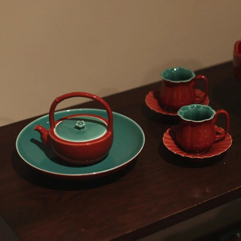 

Red Round Moon Pot Fruit Plate, Dry Bubble Plate, Red Glazed Turquoise Green Jingdezhen Ceramic Tea Set