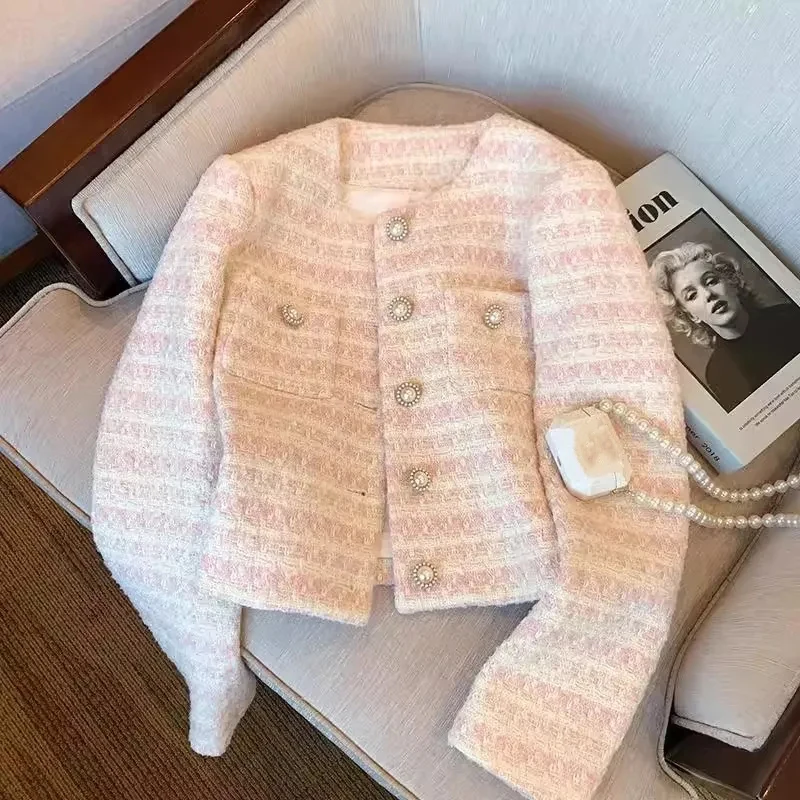 

Винтажные твидовые женские пальто в корейском стиле, элегантная куртка с круглым вырезом в стиле Хепберн Y2K, осенняя офисная женская куртка с жемчужными пуговицами, универсальная укороченная верхняя одежда
