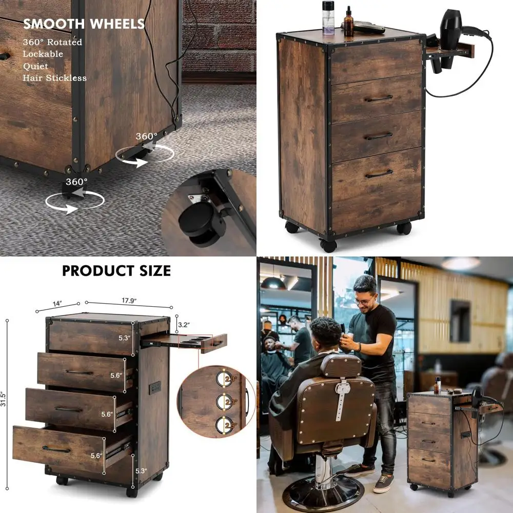 

Mobile Hair Stylist Cart with Wheels, Power Outlets, Hair Dryer Holders, and Storage Cabinet for Barbershops and Salons