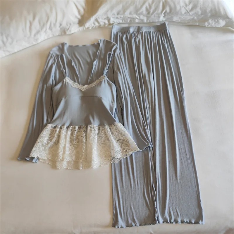 

Fashion Long Sleeve Shirt Sexy Sling Trousers Sets New Modal Comfort Pajamas Women 3 Pieces Autumn Winter Sleepwear Home Suit