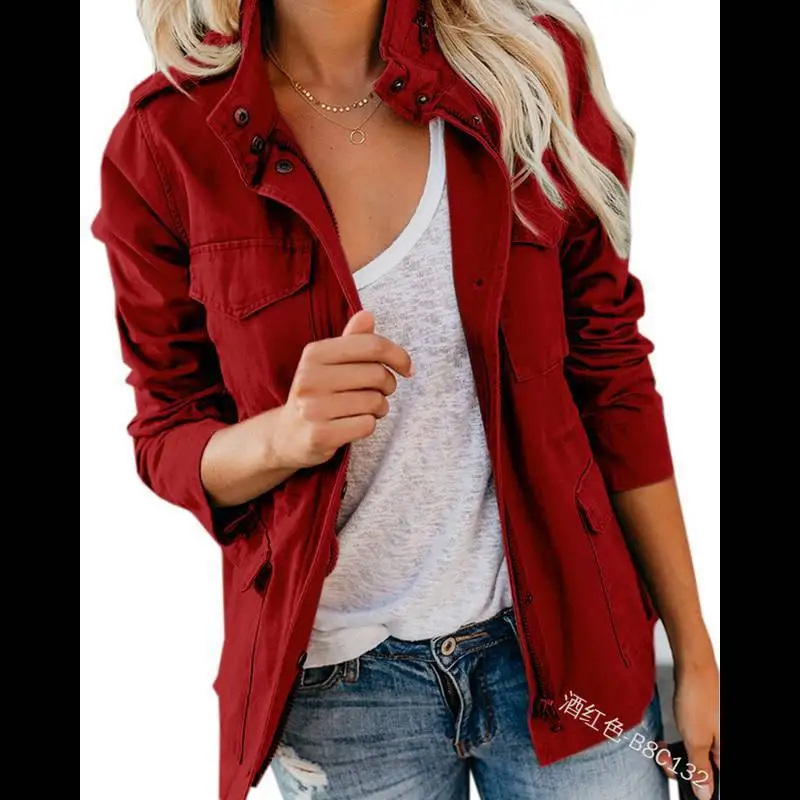 Spring and Autumn slim fashion fashion solid color loose Korean zipper multi-pocket jacket women's coat