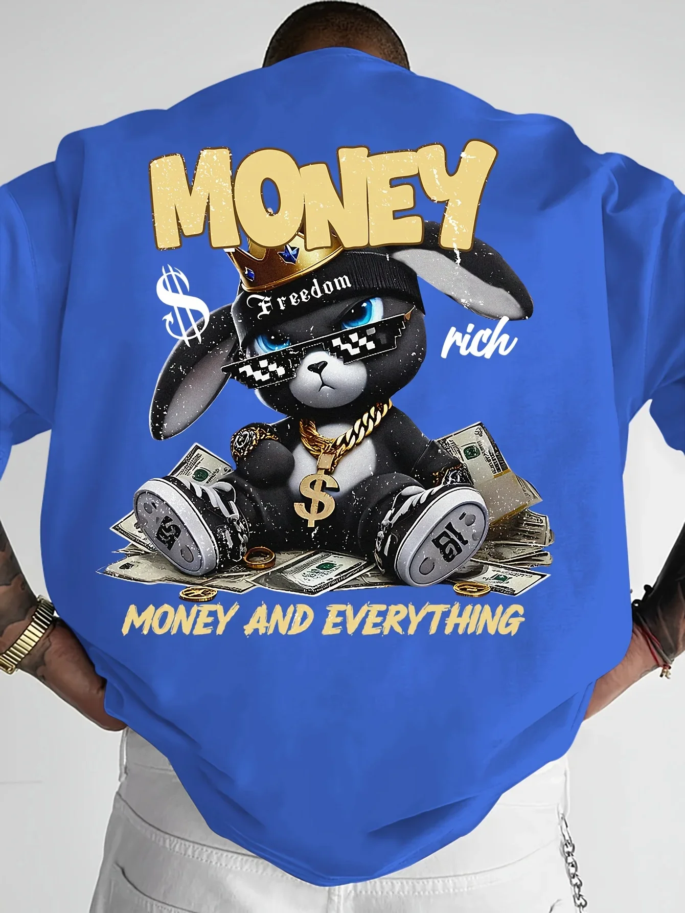Hip-Hop Money Rabbit Grafik-T-Shirt für Herren, 3D-Druck, Rundhalsausschnitt, Kurzarm-Oberteil, Trendige Streetwear, Oversize Herrenbekleidung