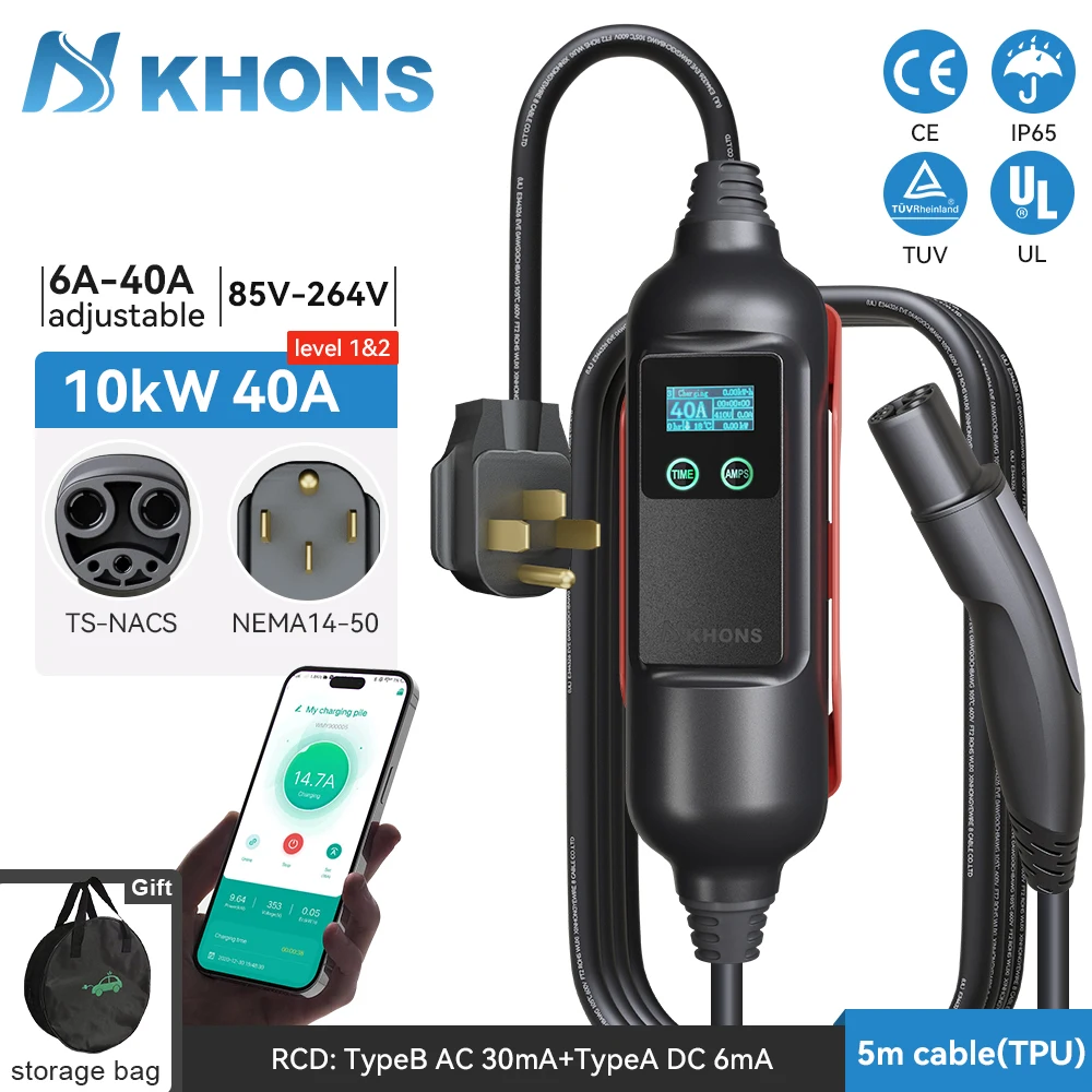 

Khons EV Charger Level2 EV Charger 220V 7kW 32A Connector NEMA 14-50 Plug 16FT TPU Cable WIFI/APP For Models 3/Y/S/X