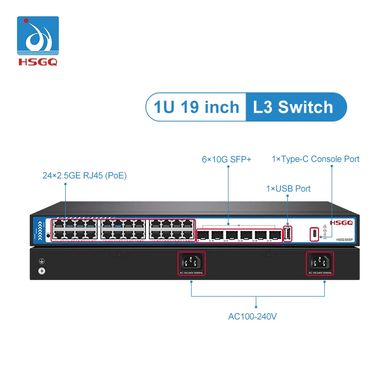 HSGQ-5830P Hot Selling CE FCC RoHS 6*10G SFP+ SNMP And QoS Functions 24*2.5GE Layer 3 Managed PoE Switch