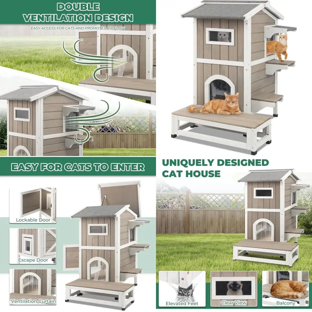 

Weatherproof Two-Story Wooden Cat House with Openable Roof, 4 Doors, Balcony, and Jumping Platforms for Outdoor and Indoor Cats