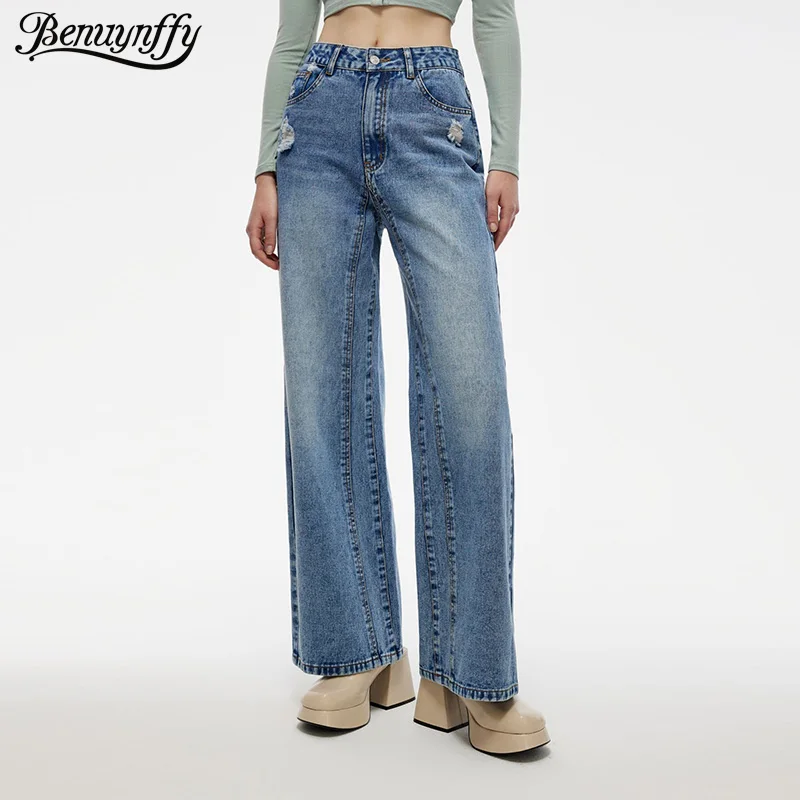 

Benuynffy Vintage Washed Ripped Straight Jeans Women's Autumn 2025 New High Waisted Casual Loose Wide-leg Denim Trousers