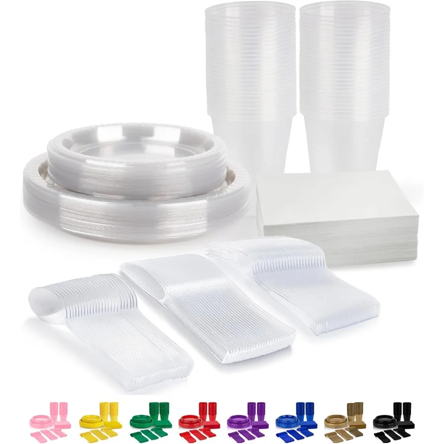 

350 Piece Clear Disposable Dinnerware Set with 50 of Each: 9 Dinner Plates 7 Dessert Plates 12oz Cups Paper Napkins Forks Knive