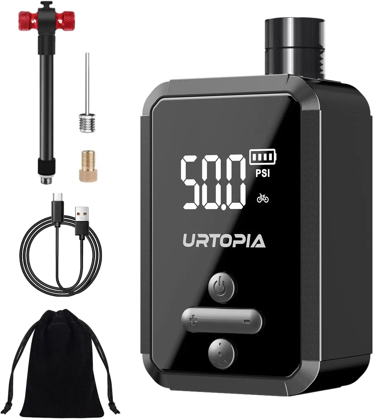 

Electric Bike Pump, Fast Inflation with Gauge, Up to 150PSI, Rechargeable, LED Light, Portable for Road Bike, Motorcycle, Ball