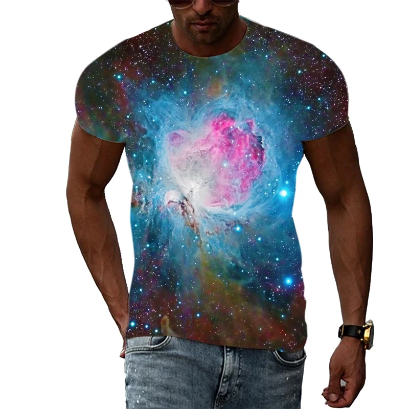 2022 Summer Men\'s Casual T-Shirt Galaxy Pattern 3D Three-dimensional Printing Fashion High Street Short Sleeve Oversized Top