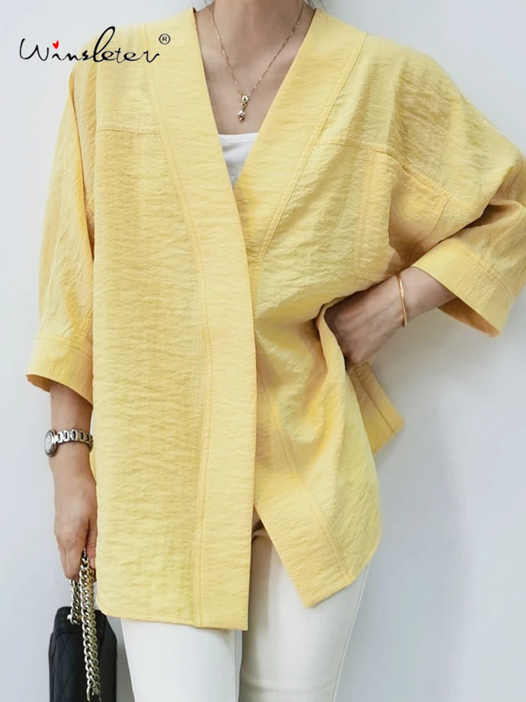 

Winsleter - Элегантная женская блузка из 71,3% шелка и 28,7% нейлона, с V-образным вырезом и рукавом 3/4, повседневная, стильная, Весна-Лето 2026 T62805CC