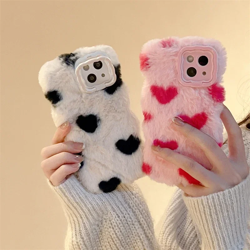 Plush Hair Fluff Toy Soft Back Cover for Huawei P40 P50 P60 Pro Pura 70 Pro Warm Cute Cartoon Fluffy Stand Phone Case Cover