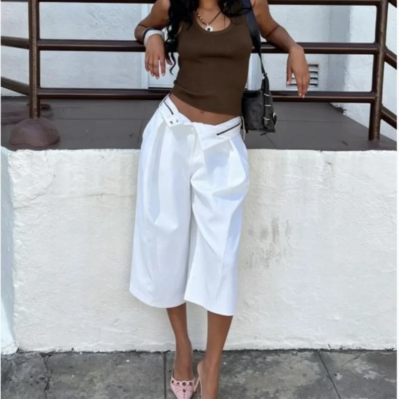 Women Lady Knee Length Pants Button Pleated High Waist Wide Leg Loose Fit Y2k Cropped Capris Trouser