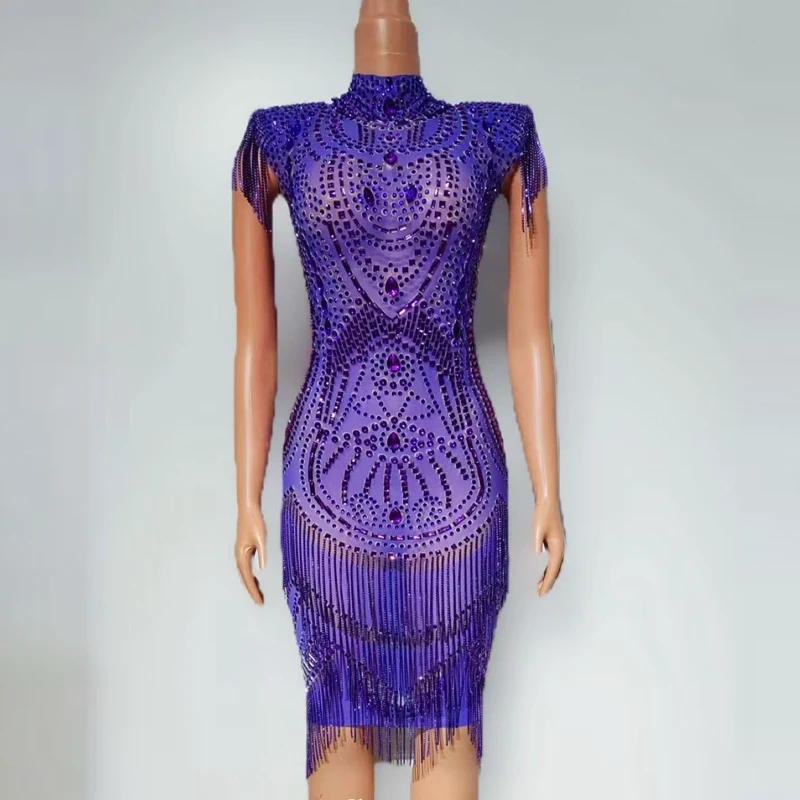 Robe à franges en strass pour femmes, Costume de Jazz, Bar, discothèque, tenue de soirée, vêtements de Festival sur scène