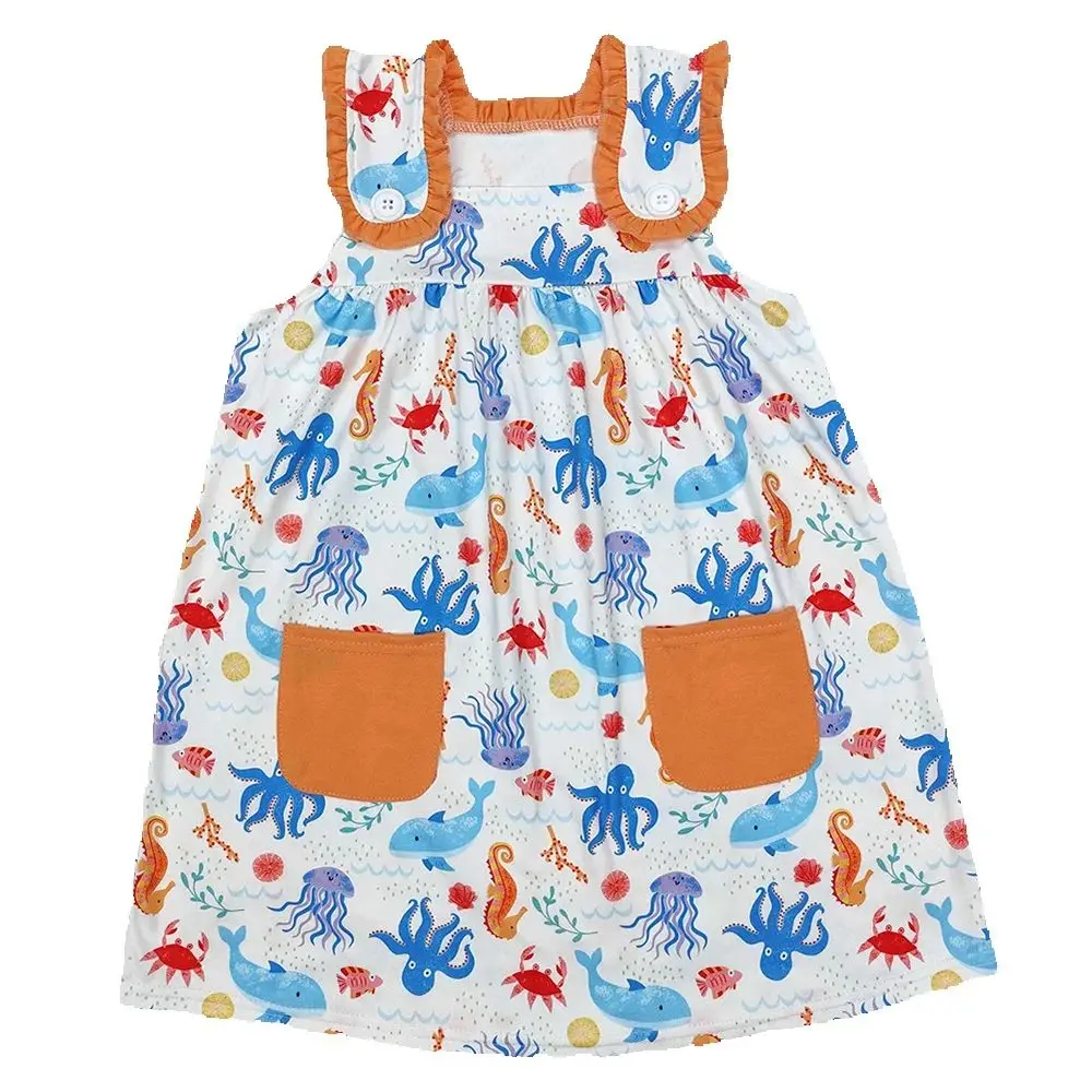 

GSD1961 Baby Girls Sea Animals Pockets Knee Length Dresses