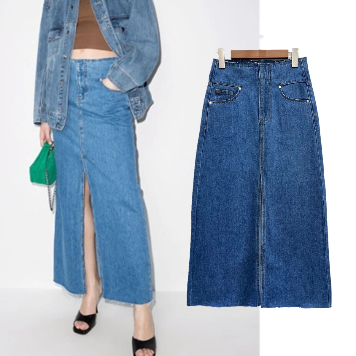 

Jenny&Dave Минималистичная женская джинсовая юбка с синей ретро-высокой талией и бахромой с разрезом спереди Джинсовая юбка для женщин