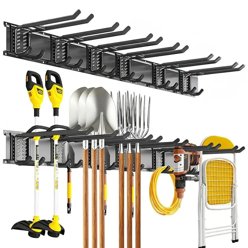 【ORNAMENT】Garage Tool Organizer System With 6 Adjustable Hooks-Wall Mount, Heavy-Duty Storage For Shovels And Other Items