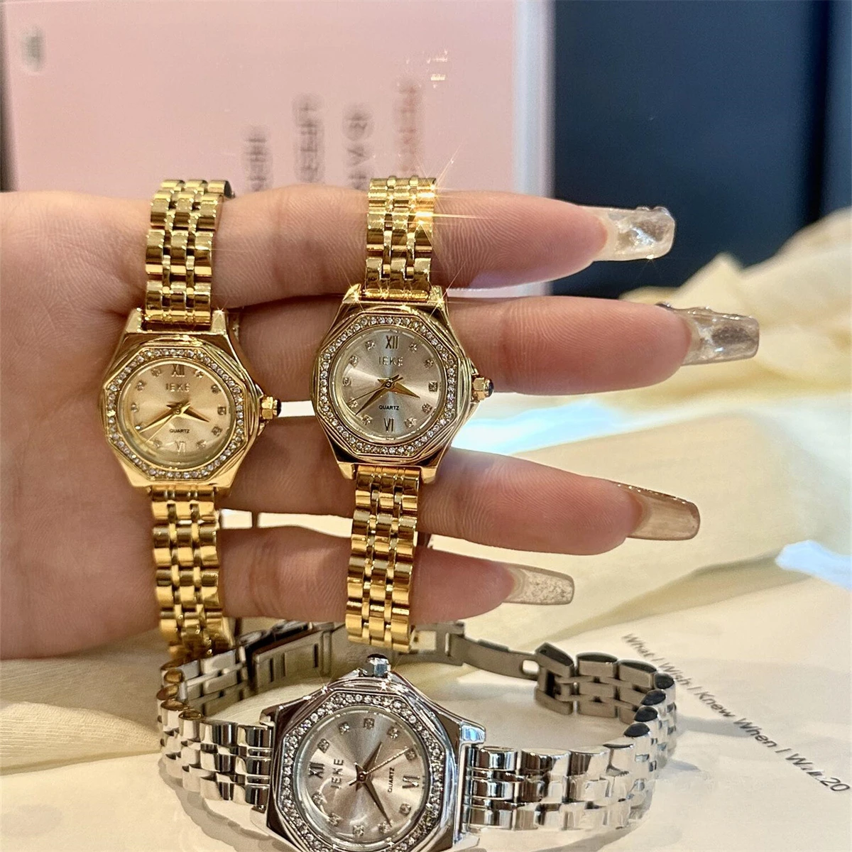 IEKE Square and Round Steel Strap Small Gold Watch Temperament Women\'s Watch Model Set with Diamonds Luxury Wrist Watch