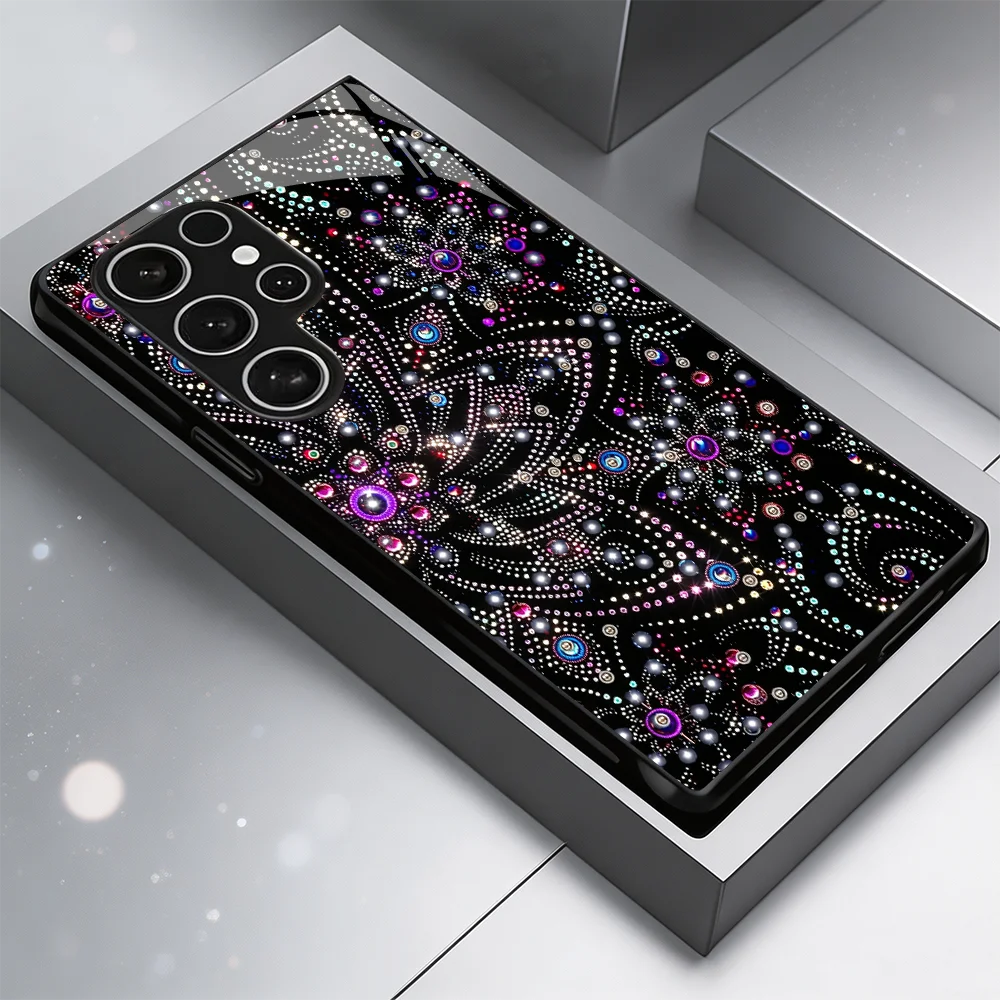 Black Glitter Boho Pattern s26 ultra case s25 ultra case Glass phone case for Samsung Galaxy S26 25 24 23 22 21 FE Ultra Plus