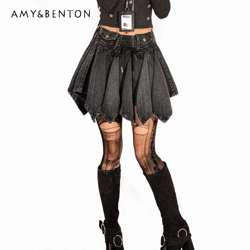 

Vintage Design Subculture A-Line Women's Skirt Autumn Winter New Design Sense Tie Rock Y2K Hot Girl Denim Short Skirts Ladies