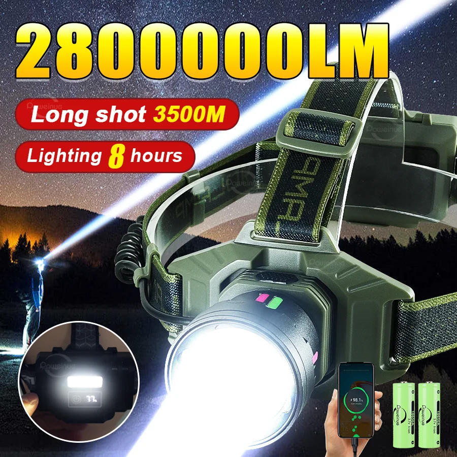 

2025 Самый мощный светодиодный фонарик, перезаряжаемый через USB налобный фонарь, сильный свет, дальность действия 3500 м, фара для рыбалки, охоты, налобный фонарь