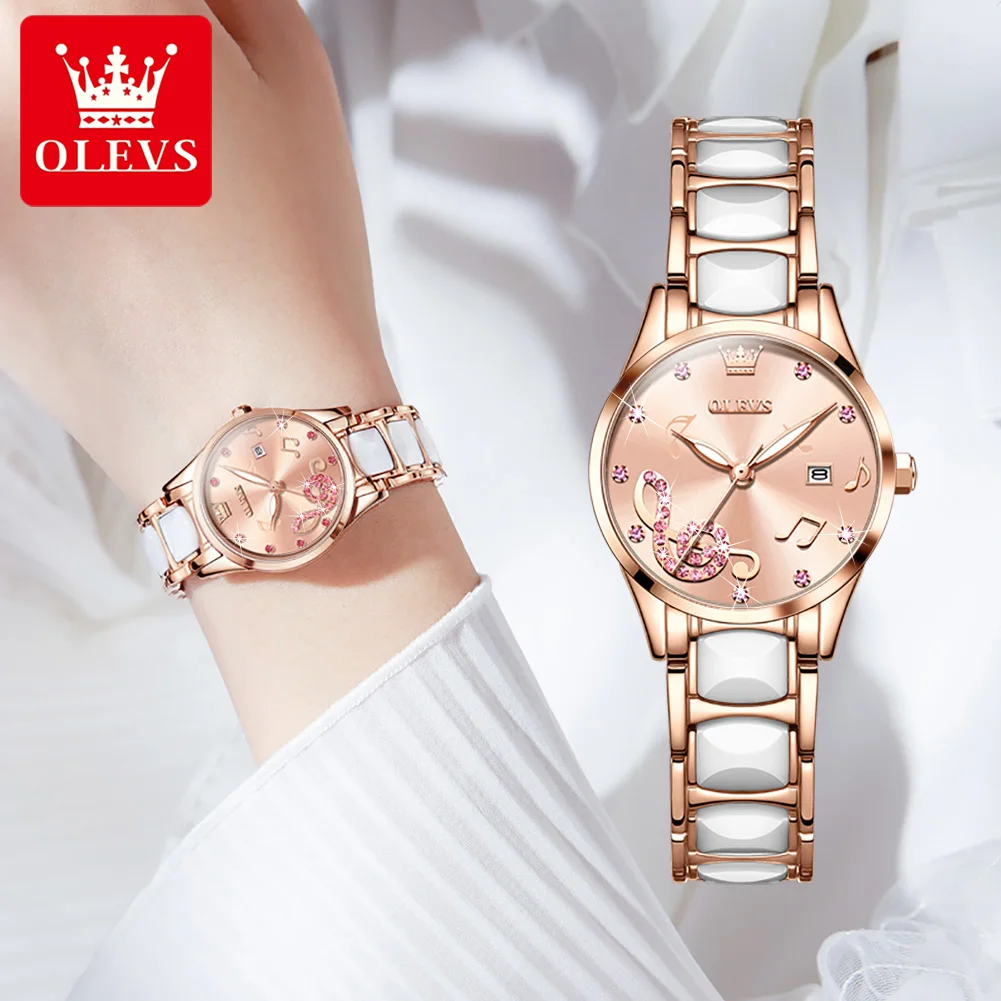 OLEVS 3605 Ceramic Strap Japan Quartz Women Wristwatch, Ceramics Luxury Fashion Waterproof Watch For Women Luminous Calendar