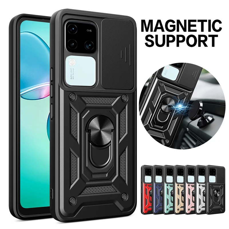 Hard Armor Phone Case For Vivo V30 V 30 Pro 5G Cover Slide Camera Protect Coque For Vivo V30Pro VivoV30 Magnet Holder Ring Funda