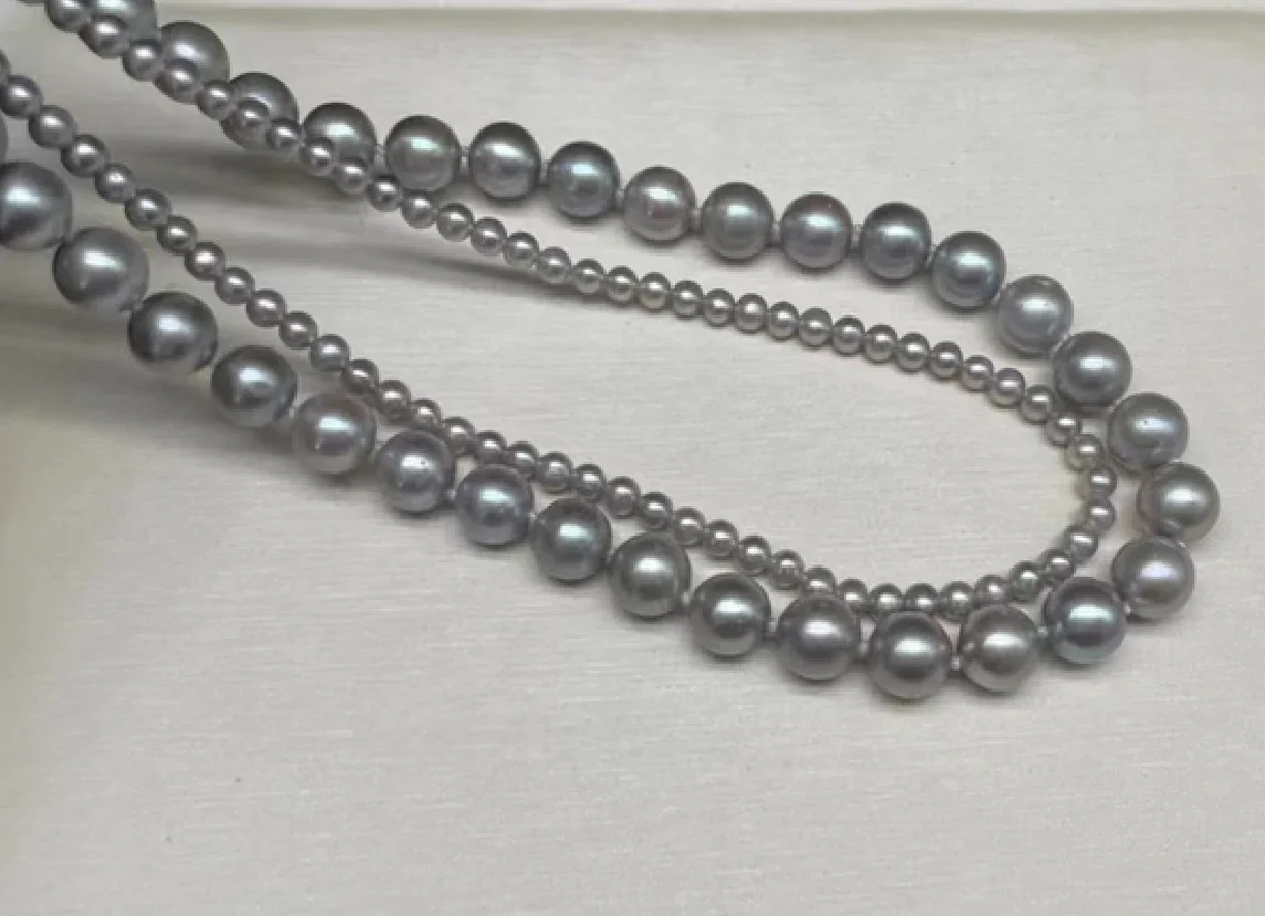 Charming 2 Row 8-12mm Natural Sea Silver Gray Cultured Pearl Necklaces Jewelry Sterling Silver 925